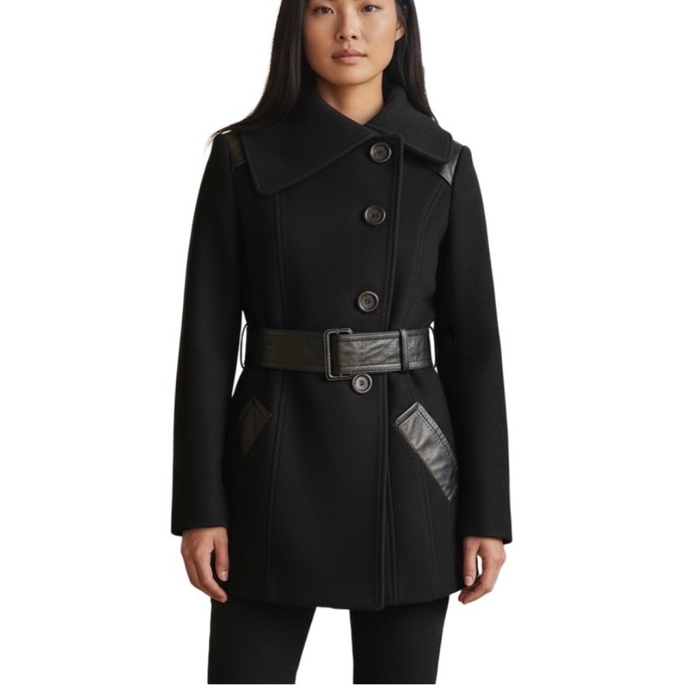 Mackage Blackโ Wool Leather Trim Coat Jacket